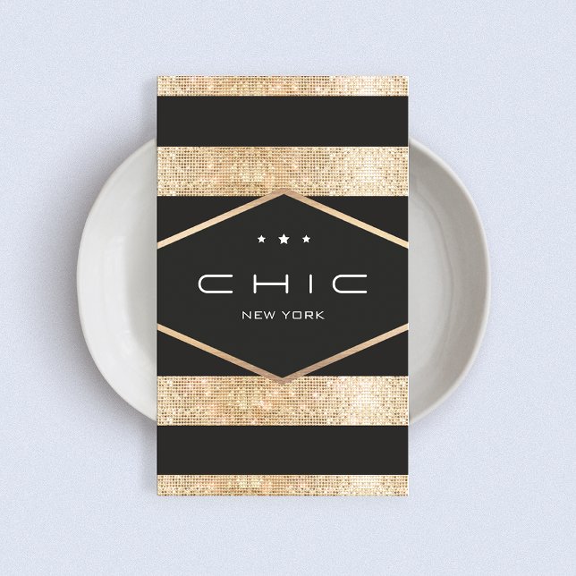 Elegant Black och Faux Guld Sequins Stripe Visitkort (Skapare uppladdad)