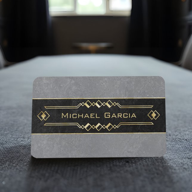 Elegant Black och Grått Stone med dekoaccenter för Visitkort (Sophisticated black and gray business cards with gold Art Deco accents, elegant and professional.)