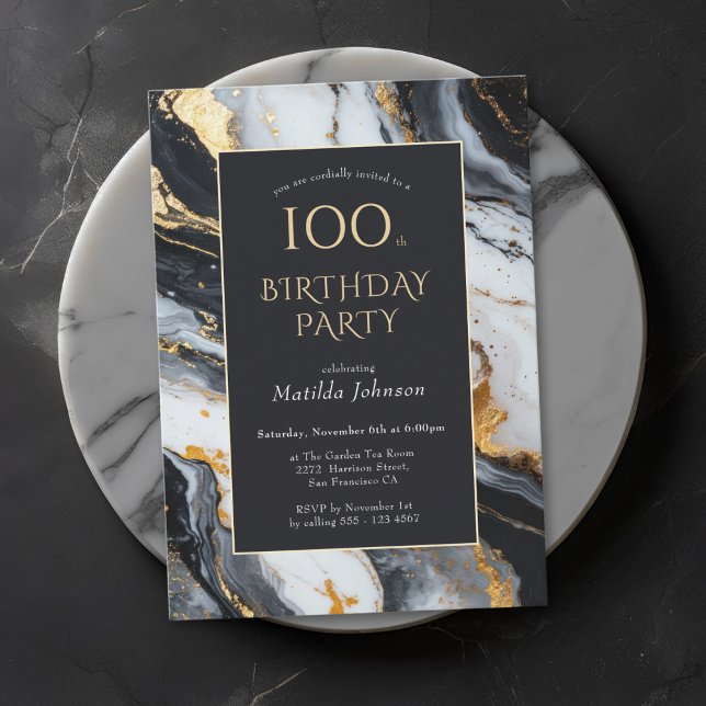 Elegant Black och Guld 100:e födelsedagsinbjudan Inbjudningar (Elegant Black and Gold 100th Birthday Invitation)