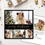 Elegant Black och Guld 4 Photo Collage jul Julkort<br><div class="desc">Elegant Calligraphy Minimalist Black and Guld 4 Photo Collage God jul Script Helgdag Card. Den här festiva, imimalistiska, vismatiska 4 (4) fotokortsmallen innehåller en söt fotokollage och säger "God jul"! Texten "God jul" hälsning är skriven i ett vackert handskrivet teckensnitt som snabbt byts ut mot svan i guld mot svart...</div>