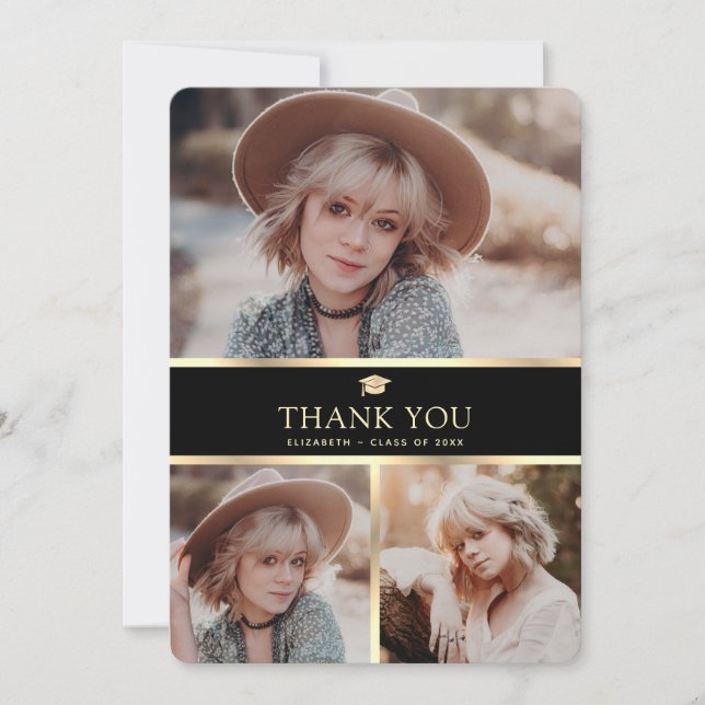 Elegant Black och Guld 4 Photo Studenten Tack Kort (Framsida)