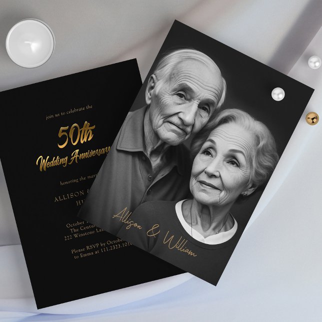 Elegant Black och Guld: 50 Bröllop-årsdagen Inbjudningar (Elegant Black and Gold 50th Wedding Anniversary Invitation)