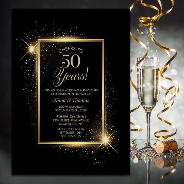 Elegant Black och Guld 50:e Bröllop-årsdagen Inbjudningar (Skapare uppladdad)