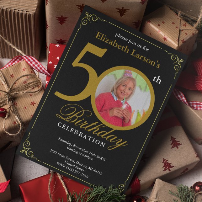 Elegant Black och Guld 50:e födelsedagen Inbjudningar (Skapare uppladdad)