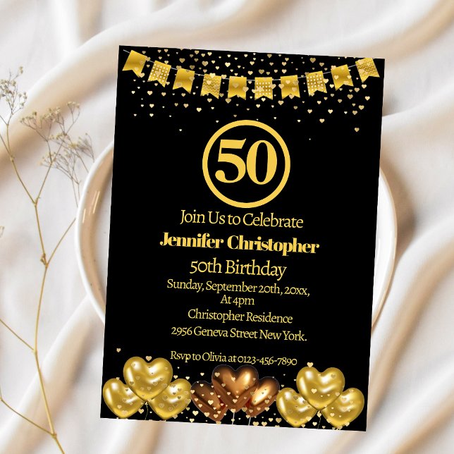 Elegant Black och guld 50:e Födelsedagsfesten Inbjudningar (Skapare uppladdad)