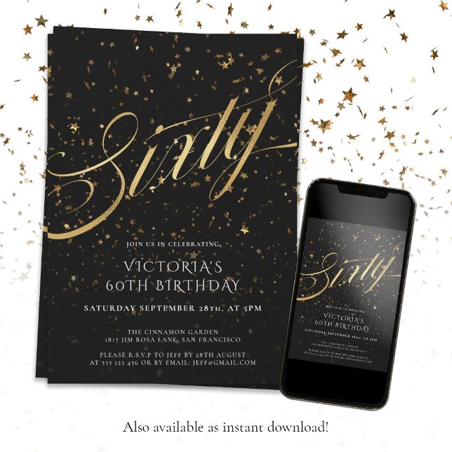 Elegant Black och Guld 60:e födelsedagen Inbjudningar (Skapare uppladdad)