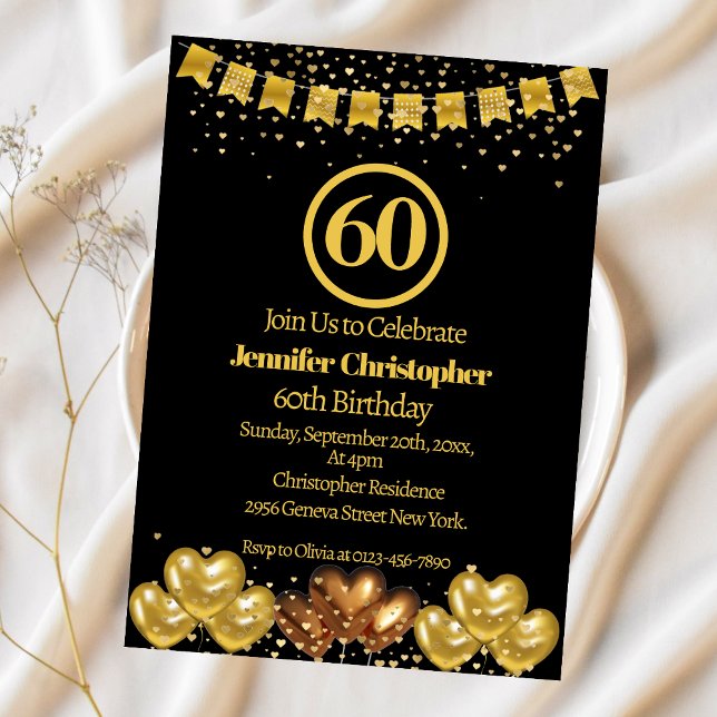 Elegant Black och guld 60:e Födelsedagsfesten Inbjudningar (Skapare uppladdad)