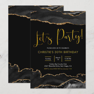 Elegant Black och Guld Agate Låt oss Party Inbjudningar