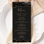 Elegant Black och Guld Agate Mörk Bröllop Meny<br><div class="desc">Den här eleganten har den moderna bröllop-menyn överst och grund gräns med svart vattenfärgad agat som trimmas med guld faux glitter. Texten visas i elegant guld-färgad handskrift,  kursiv och mönsterruta typsnitt på en skiffersvart bakgrund. Den agate-designen upprepas på motsatt sida.</div>