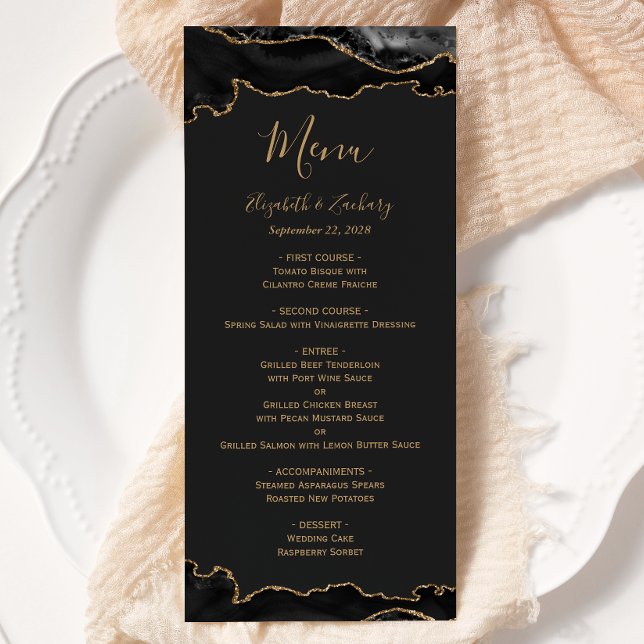 Elegant Black och Guld Agate Mörk Bröllop Meny (Skapare uppladdad)