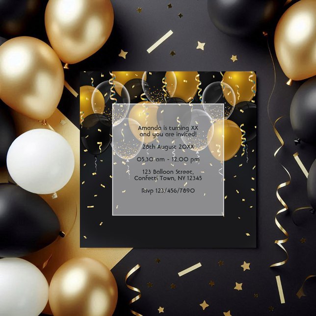 Elegant Black och Guld Blegon Birthday Inbjudningar (Elegant Black and Gold Balloon Birthday Invitation)