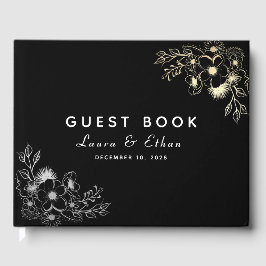 Elegant Black och Guld Blommigt Bröllop Gästböcker