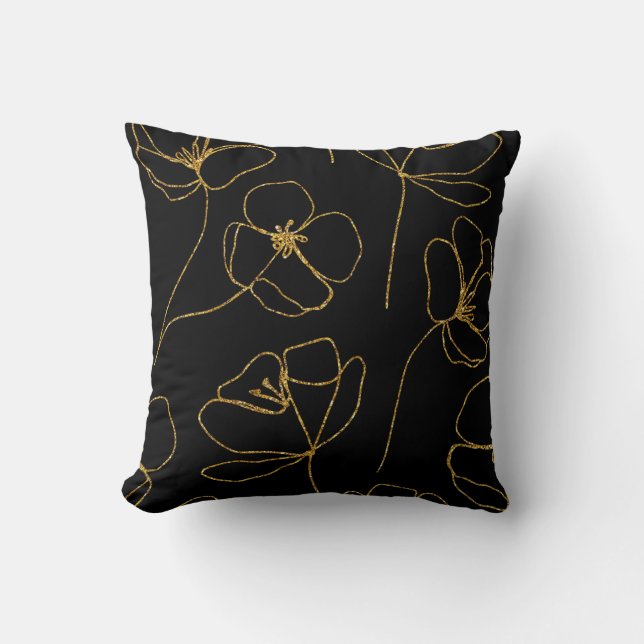 Elegant Black och Guld Blommigt Kudde (Framsida)