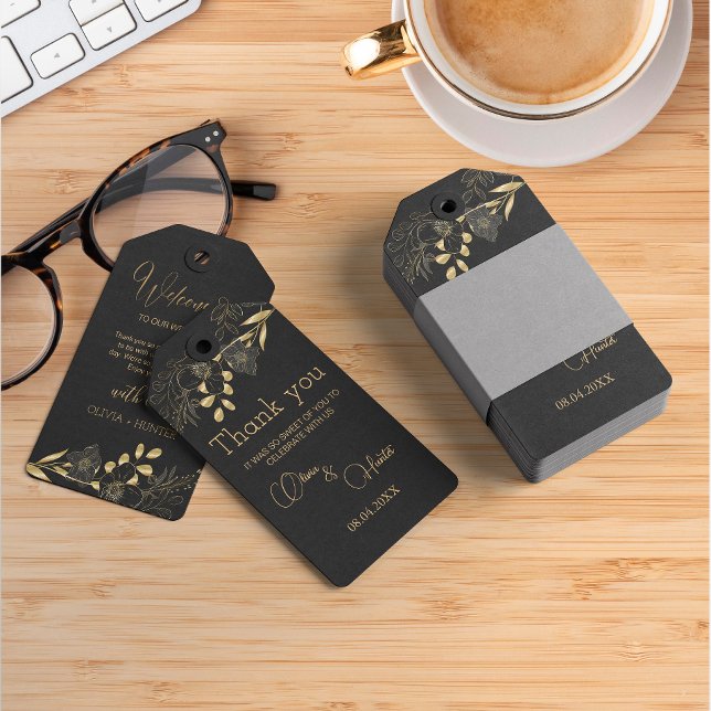 Elegant Black och Guld Blommigt löv Bröllop Presentetikett (Elegant Black and Gold Floral leaves Wedding Gift Tags)