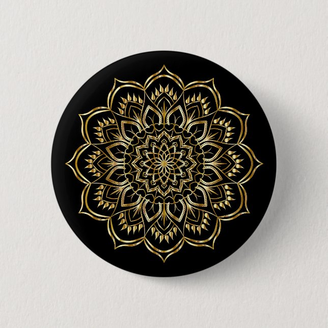 Elegant Black och Guld Blommigt Mandala Mönster Knapp (Framsida)
