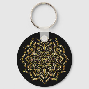Elegant Black och Guld Blommigt Mandala Mönster Nyckelring