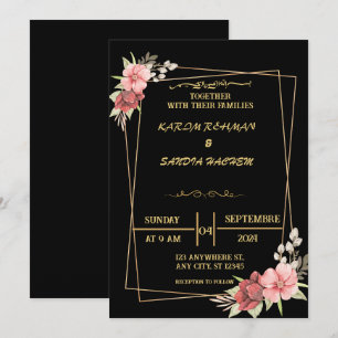 Elegant Black och guld blommigt Muslim Bröllop Inbjudningar
