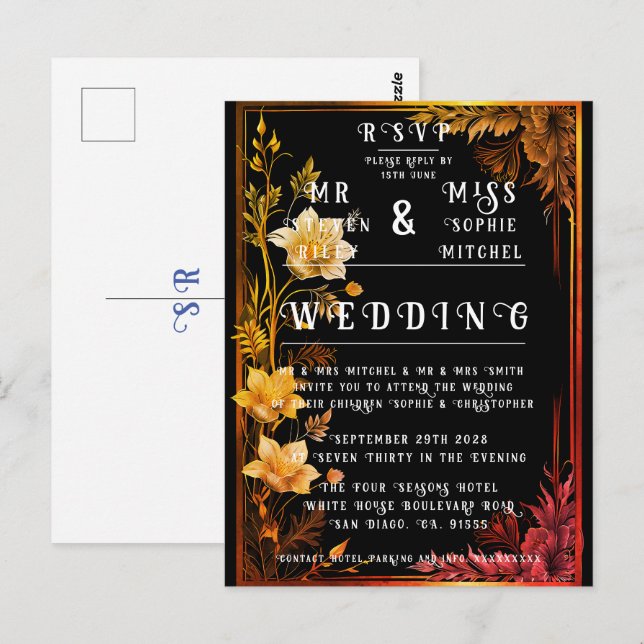 Elegant Black och Guld Blommigt Vykort (Fram/baksida)