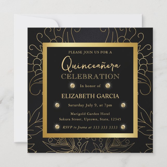 Elegant Black och Guld botaniska Quinceanera Inbjudningar (Framsida)