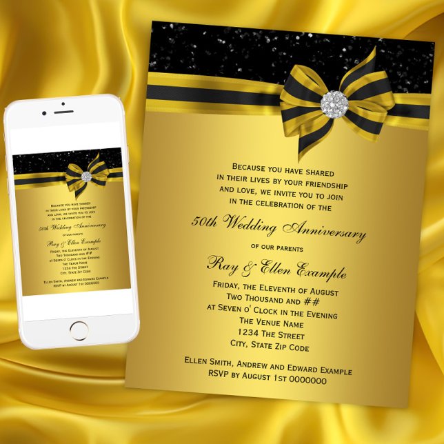 Elegant Black och Guld Bow 50-årsjubileum Party Inbjudningar (Elegant Black and Gold Bow 50th Anniversary Party Invitation. Instant download and printed.)