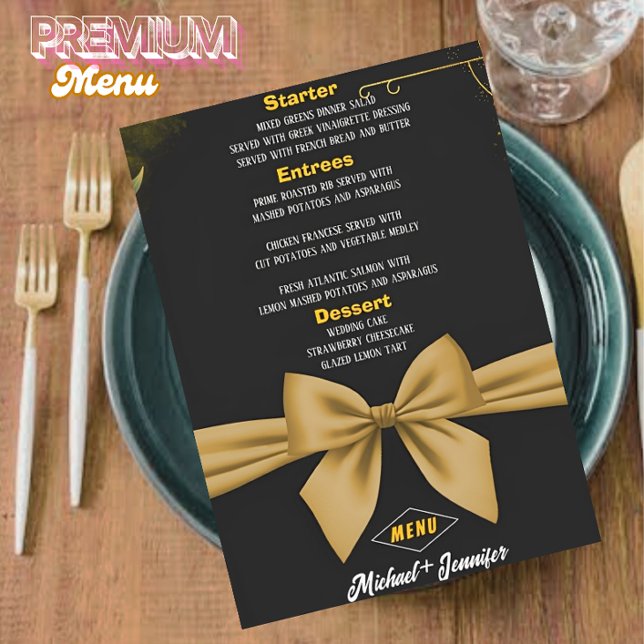 Elegant Black och Guld Bow Anpassade Bröllop Meny (Skapare uppladdad)