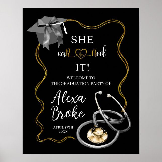 Elegant Black och Guld Bow Nurse Studenten Poster (Framsidan)