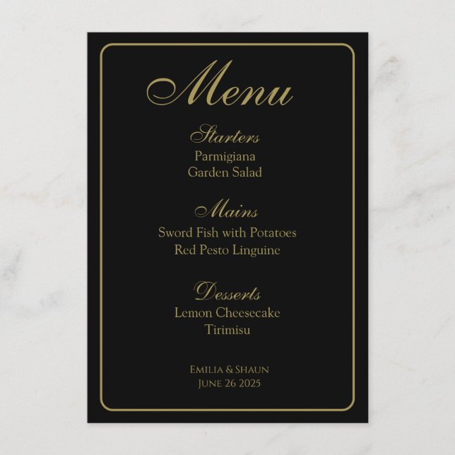 Elegant Black och Guld Bröllop Menus Meny (Framsida)