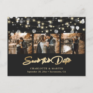 Elegant Black och Guld Bröllop Photo Save Date Meddelande Vykort