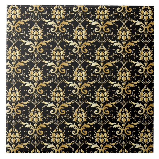 Elegant Black och Guld Damask Kakelplatta (Framsidan)