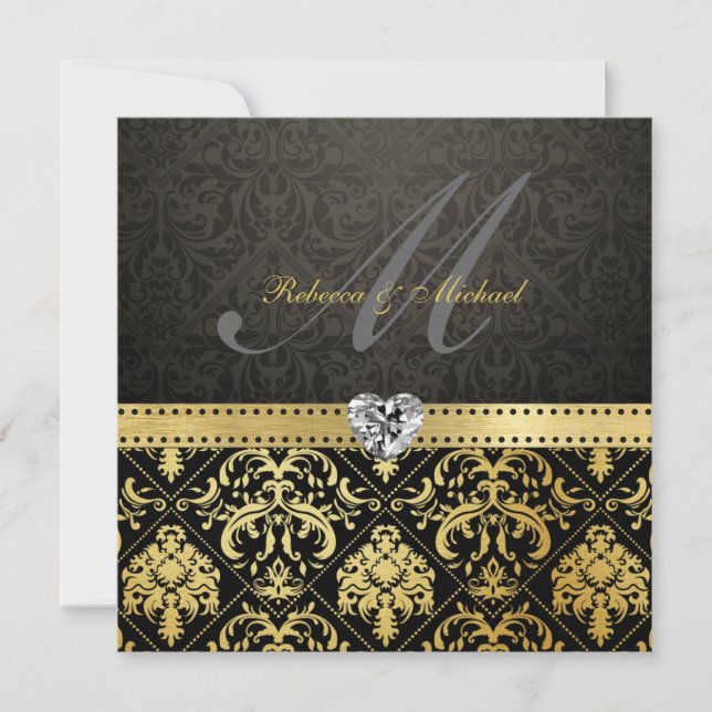 Elegant Black och Guld Damask med Monogram Inbjudningar (Framsida)