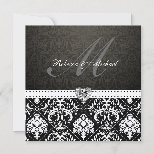 Elegant Black och Guld Damask med Monogram Inbjudningar (Framsida)