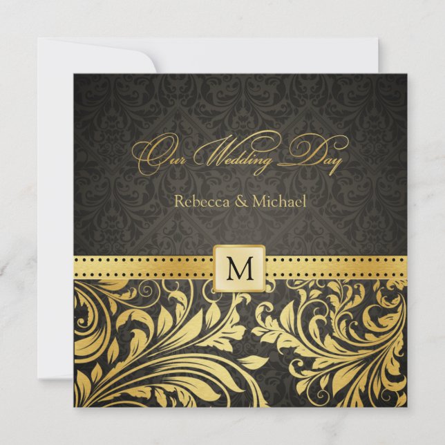 Elegant Black och Guld Damask med Monogram Inbjudningar (Framsida)