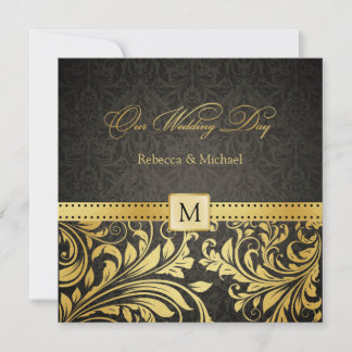 Elegant Black och Guld Damask med Monogram Inbjudningar