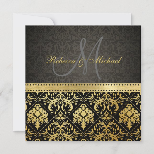 Elegant Black och Guld Damask med Monogram Inbjudningar (Framsida)