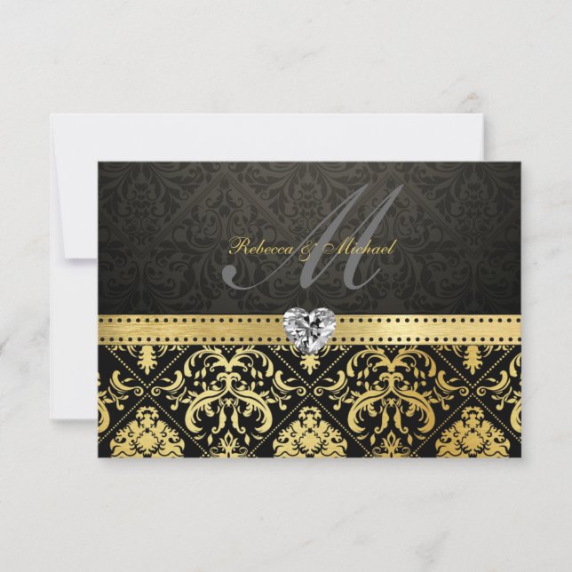 Elegant Black och Guld Damask med Monogram OSA Kort (Framsida)