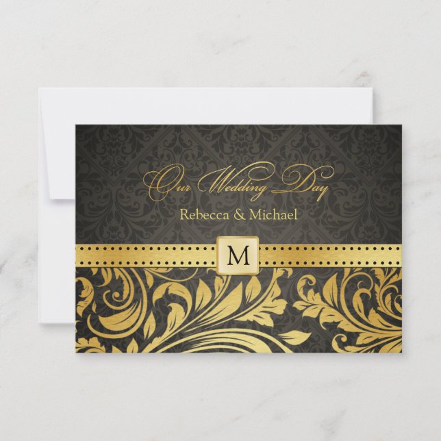 Elegant Black och Guld Damask med Monogram OSA Kort (Framsida)