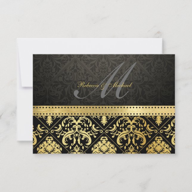 Elegant Black och Guld Damask med Monogram OSA Kort (Framsida)