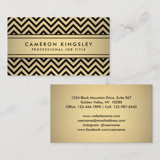 Elegant Black och Guld Faux Foil Modern Chevron Visitkort (Fram/baksida)