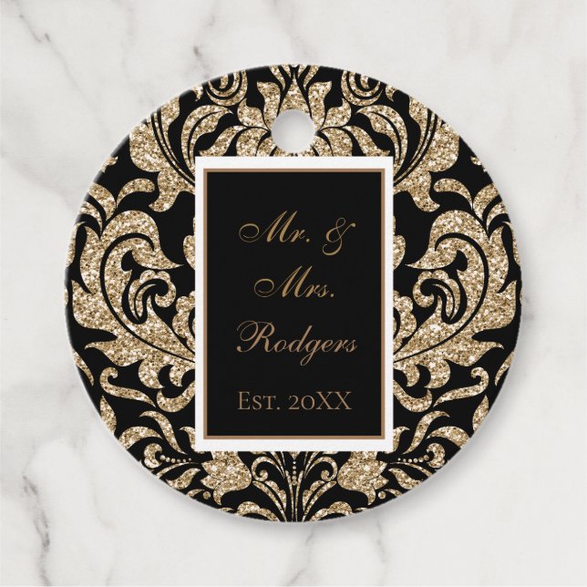 Elegant Black och Guld Faux Glitter Bröllop Gåvor Etiketter (Framsida)
