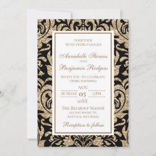 Elegant Black och Guld Faux Glitter Bröllop Inbjudningar