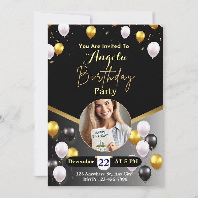 Elegant Black och Guld Födelsedagsfest inbjudan (Framsida)