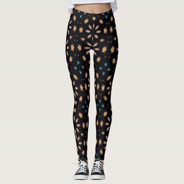 Elegant Black och Guld Geometric Blommönster Leggings (Framsida)