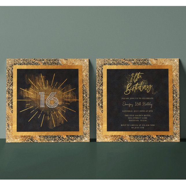 Elegant Black och Guld Glitter 16:e Födelsedagsfes Inbjudningar (Skapare uppladdad)