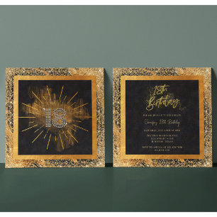 Elegant Black och Guld Glitter 18:e Födelsedagsfes Inbjudningar