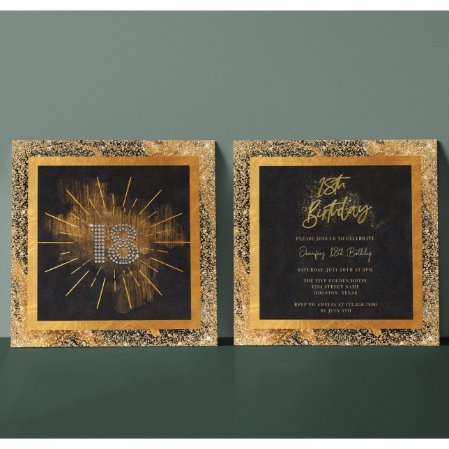 Elegant Black och Guld Glitter 18:e Födelsedagsfes Inbjudningar (Skapare uppladdad)