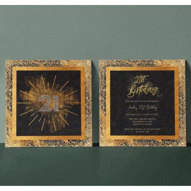 Elegant Black och Guld Glitter 21:a födelsedagen P Inbjudningar (Skapare uppladdad)