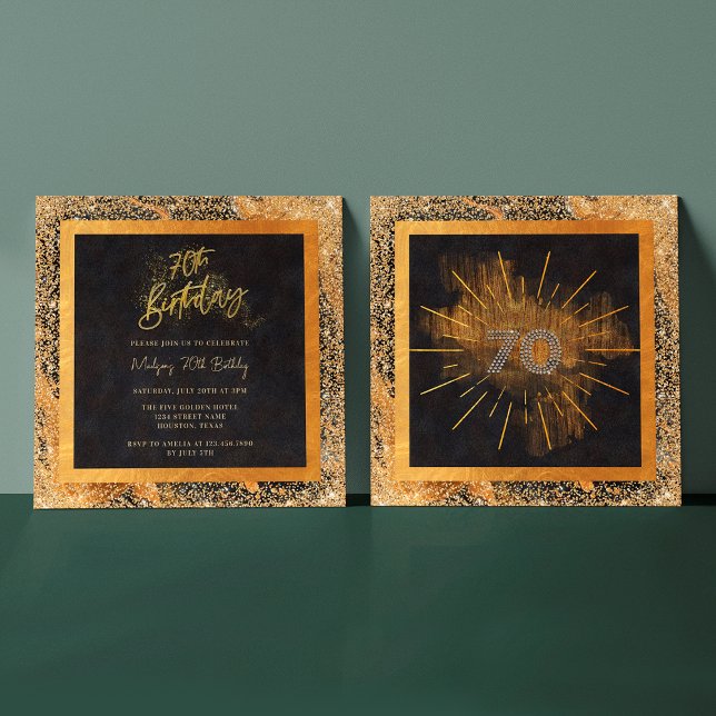 Elegant Black och Guld Glitter 70:e Födelsedagsfes Inbjudningar (Front / Back)