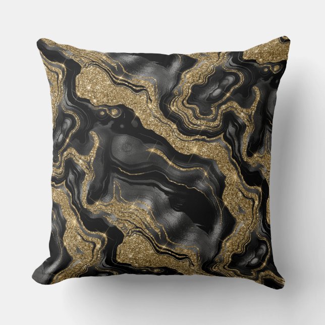 Elegant Black och Guld Glitter Agate Mönster Kudde (Framsida)