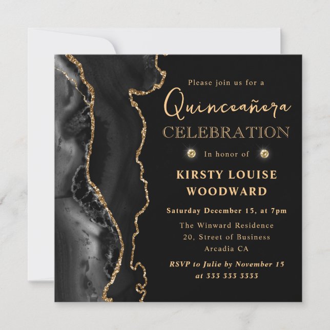 Elegant Black och Guld Glitter Agate Quinceanera Inbjudningar (Framsida)
