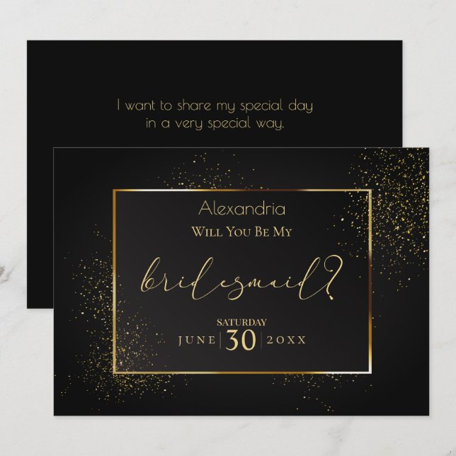 Elegant Black och Guld Glitter är min bridesmaid Inbjudningar (Fram/baksida)